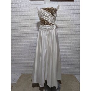 Yvonne LaFleur Women's White Satin with Gold Sequin Embellished Strapless Gown